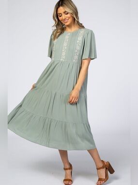 Polagram Sage Green Embroidered Tiered Midi Dress